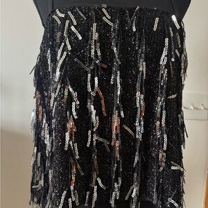 BCBGMaxAzria Black Sequin Fringe Skirt with Silver Accents